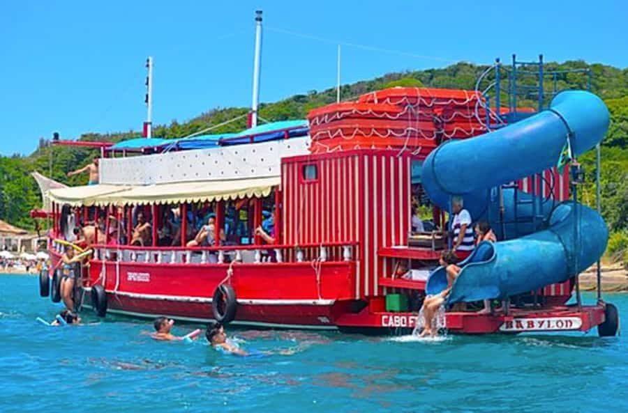 Armação dos Búzios: 3-Stop Schooner Boat Ride - The boat setup: space, bathrooms, bar, and a water slide that steals attention